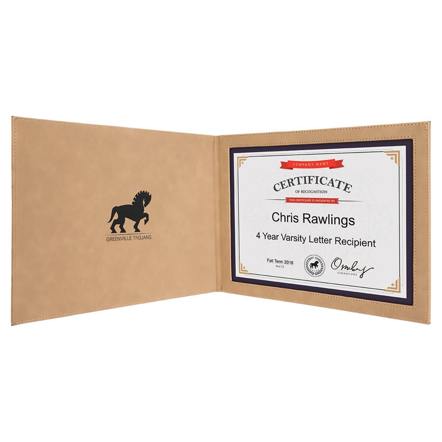 9" x 12" Light Brown Leatherette Certificate Holder for 8 1/2" x 11 2