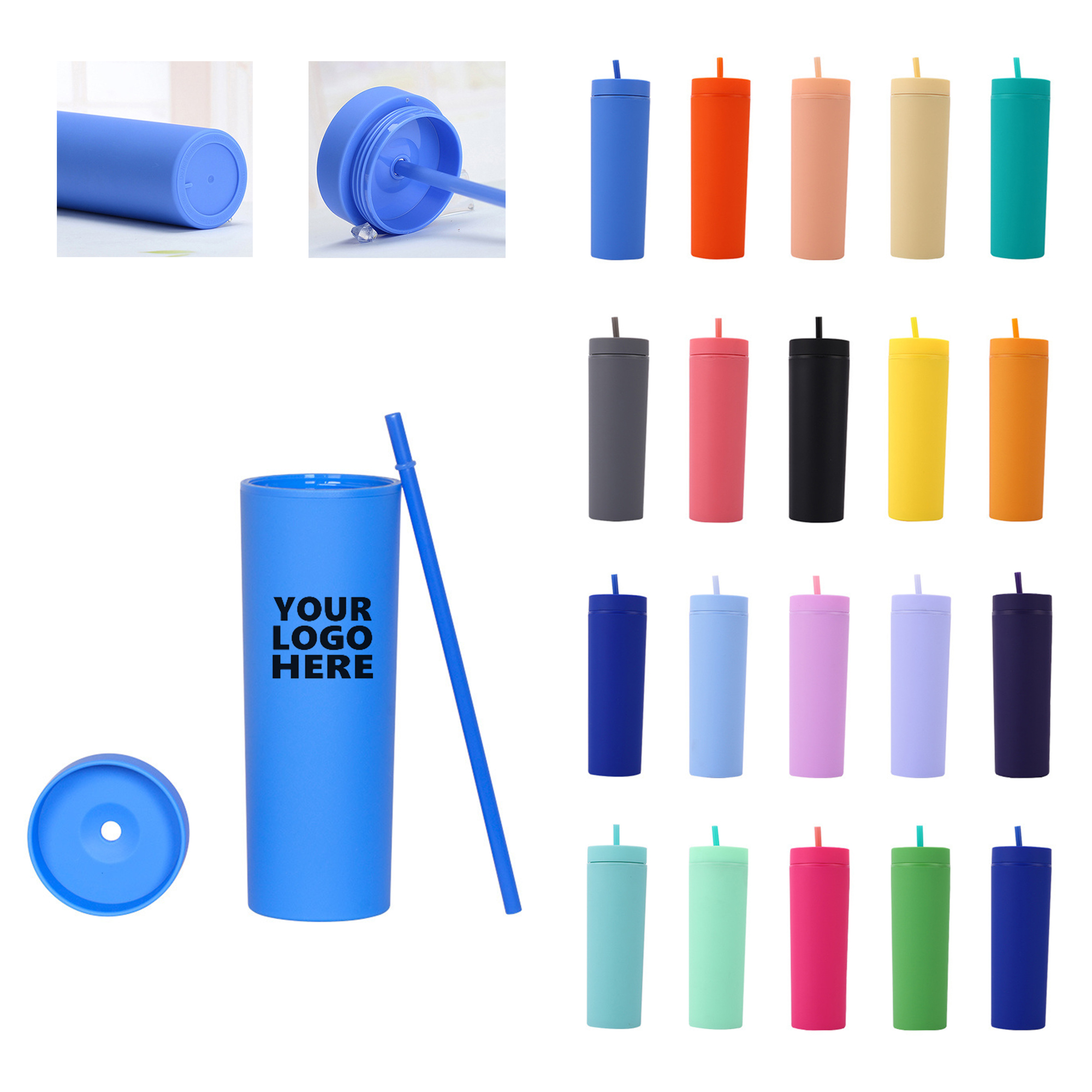 16oz Customizable Plastic slim Cups with Lid and Straw 1