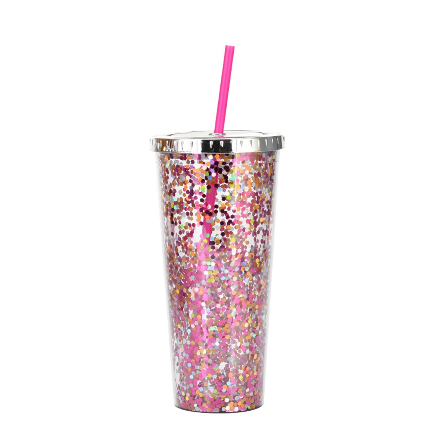 24 Oz. Double Wall Insulated Plastic Glitter Straw Mug 7
