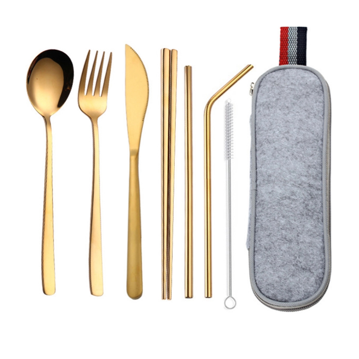 Portable 7 pcs Stainless Steel Cutlery Set w/Felt Bag 7