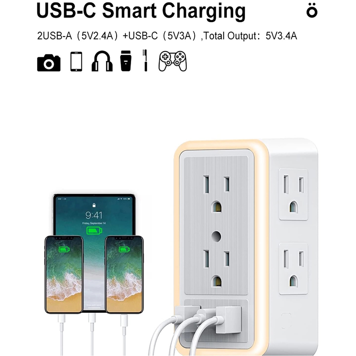 Multi Plug Outlet with 6-Outlet 2 USB Port And Night Light 5