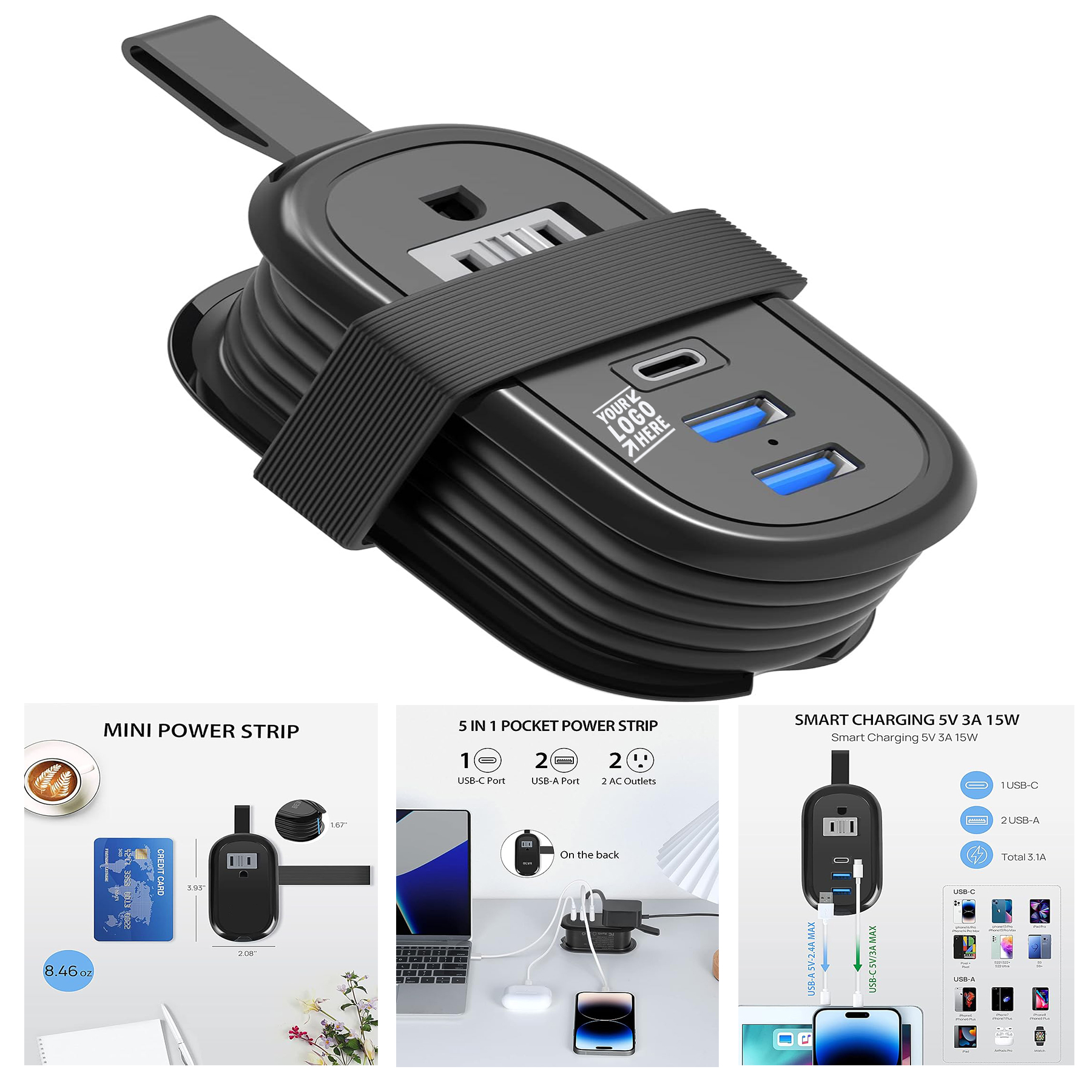 3.4A USB C Ports Non Surge Protector with Flat Plug Extension Cord 4FT Small Travel Power Strip