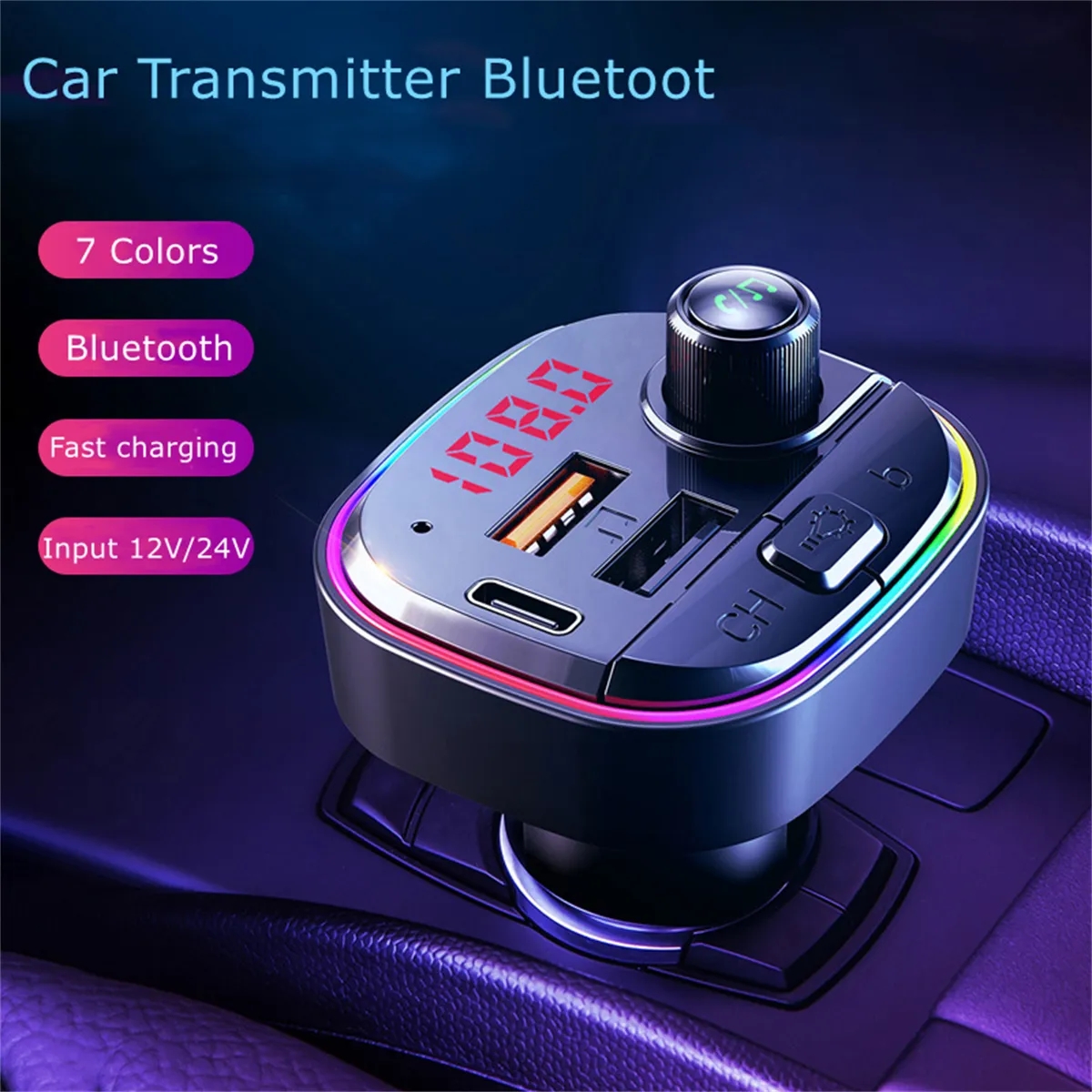 7 Colors Led Backlit Light Bluetooth FM Transmitter for Car 5