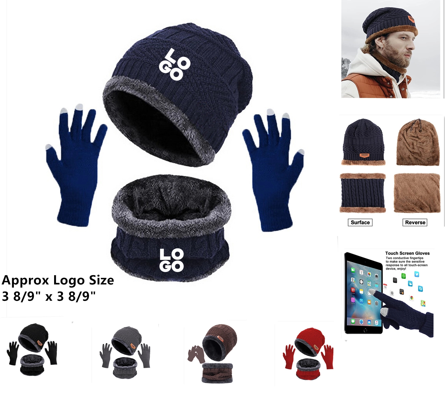 Winter Hat Scarf Touch Screen Gloves Set 4