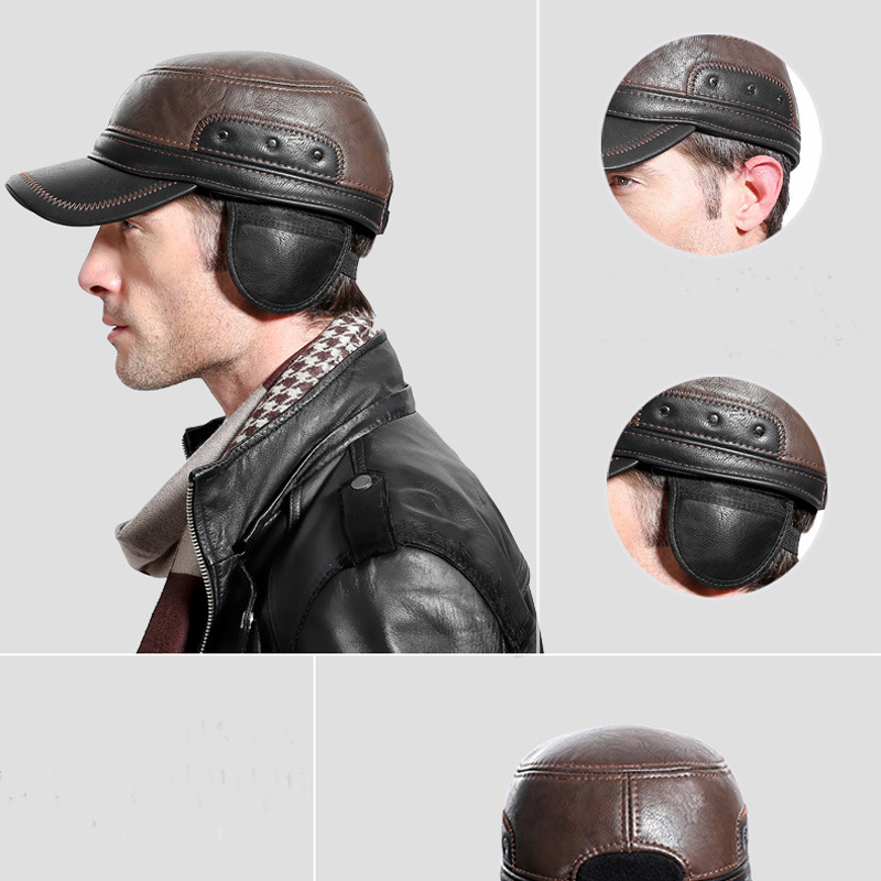 Men Winter Leather Plush Baseball Newsboy Cap Ear Flap Trapper Hunting Hat 7