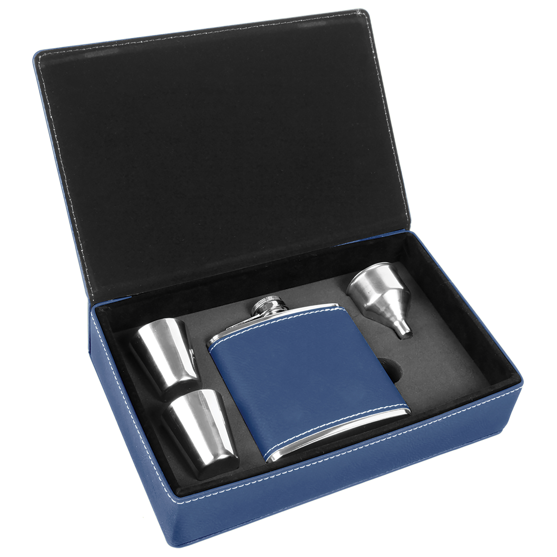 Stainless Steel Blue/Silver Leatherette Flask Gift Set 4