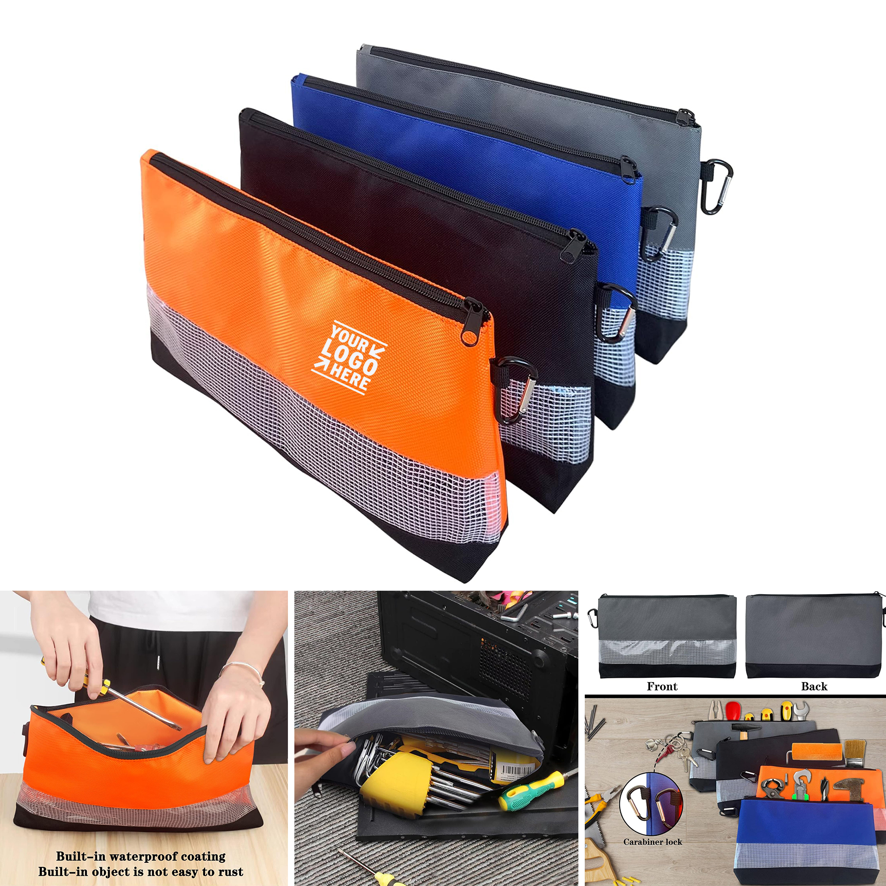 Small Tool Pouch Multipurpose Storage Zipper Bag with Carabiner Hook 1