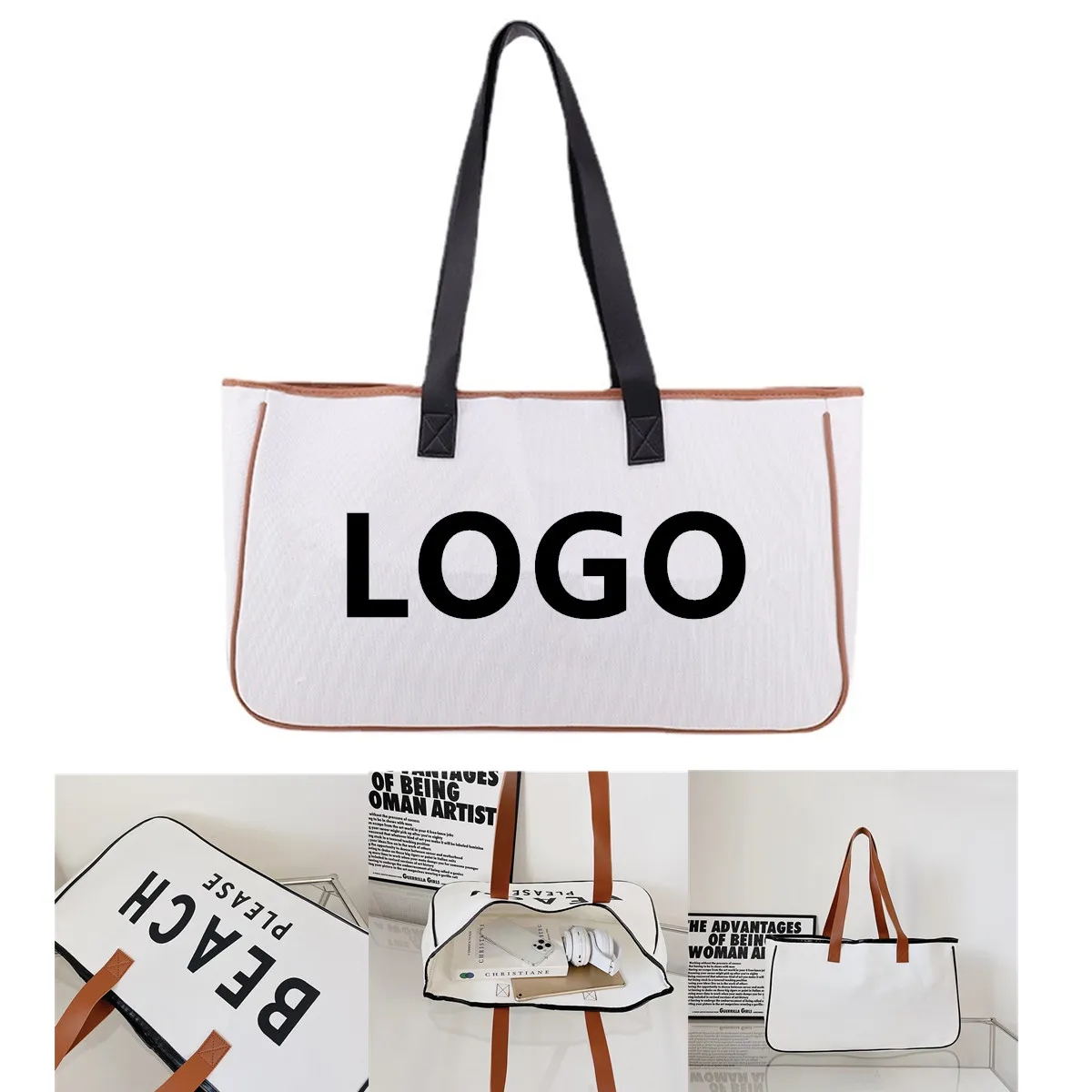 Canvas Tote Bag with Leather Handle, custom tote bag with logo imprint 2