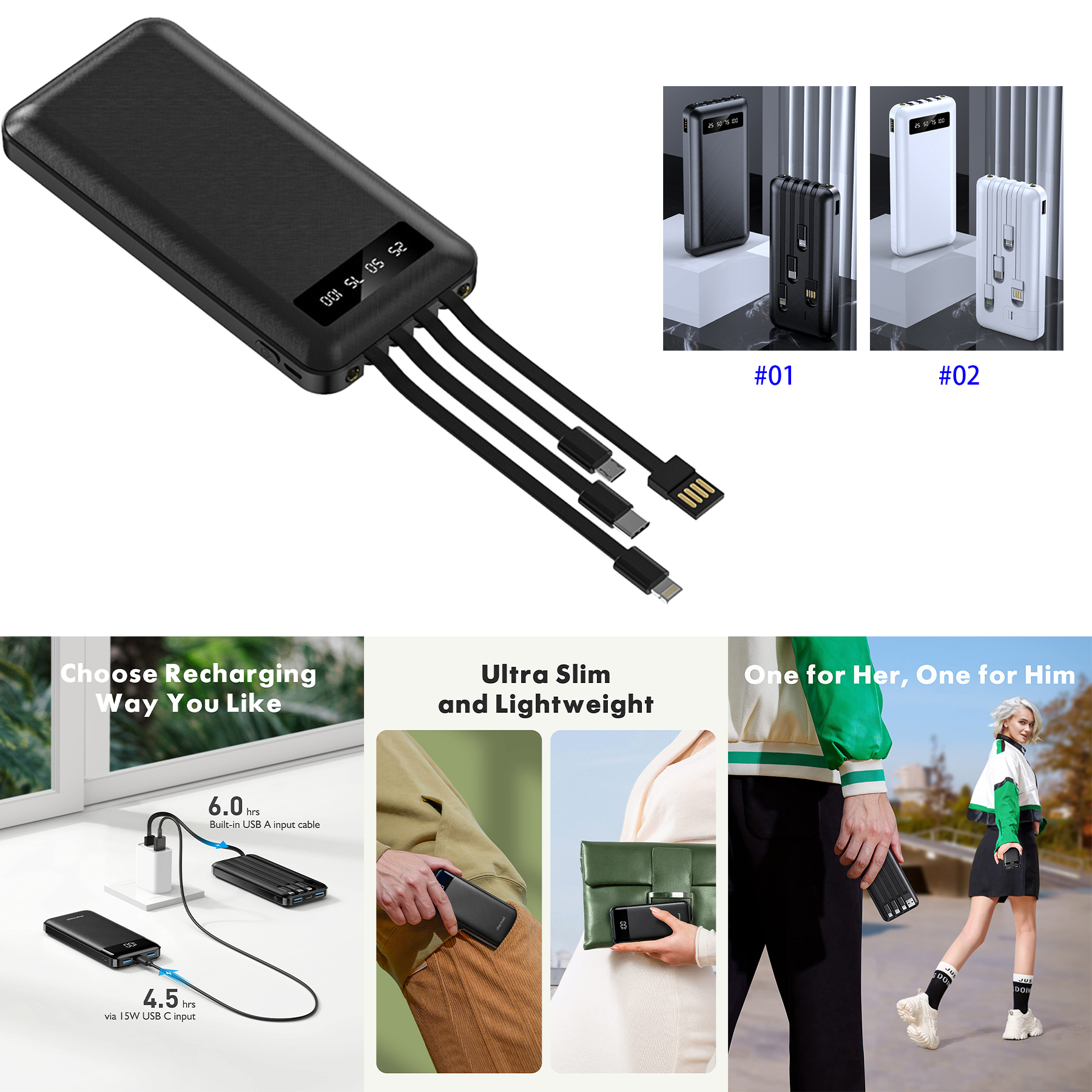 20000mAh Portable Chargers with Built in Cables 2