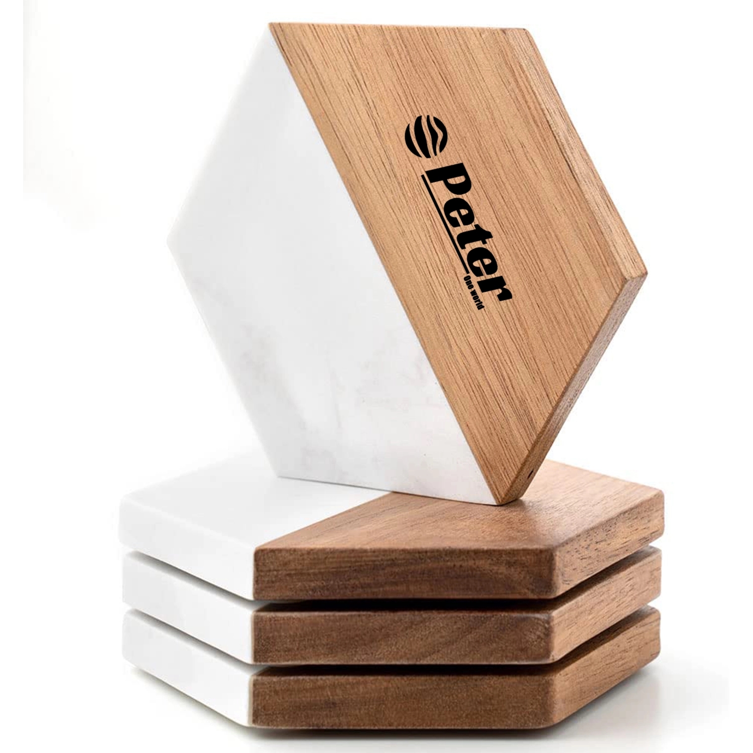 Acacia Wood And Marble Hexagon Coasters 1