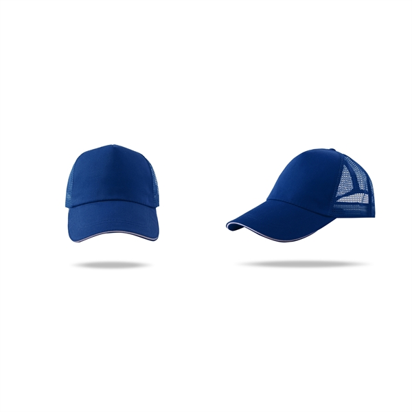 Stock Poly Cotton 5 Panel Mesh Back Cap, Hook and Loop Fastener 5