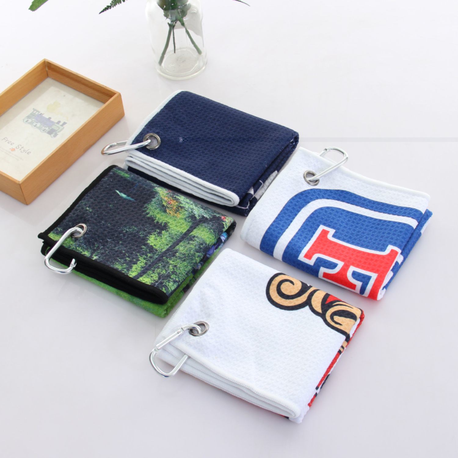 20"x 30" Sublimated Waffle Microfiber Caddy Towel with Grommet & Carabiner 4