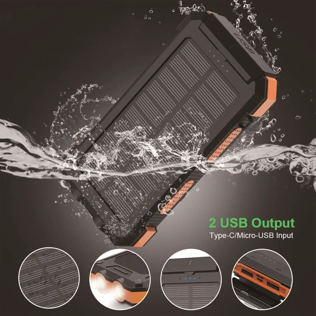 Portable Solar Charger Waterproof Power Bank w/ Flashlights 4