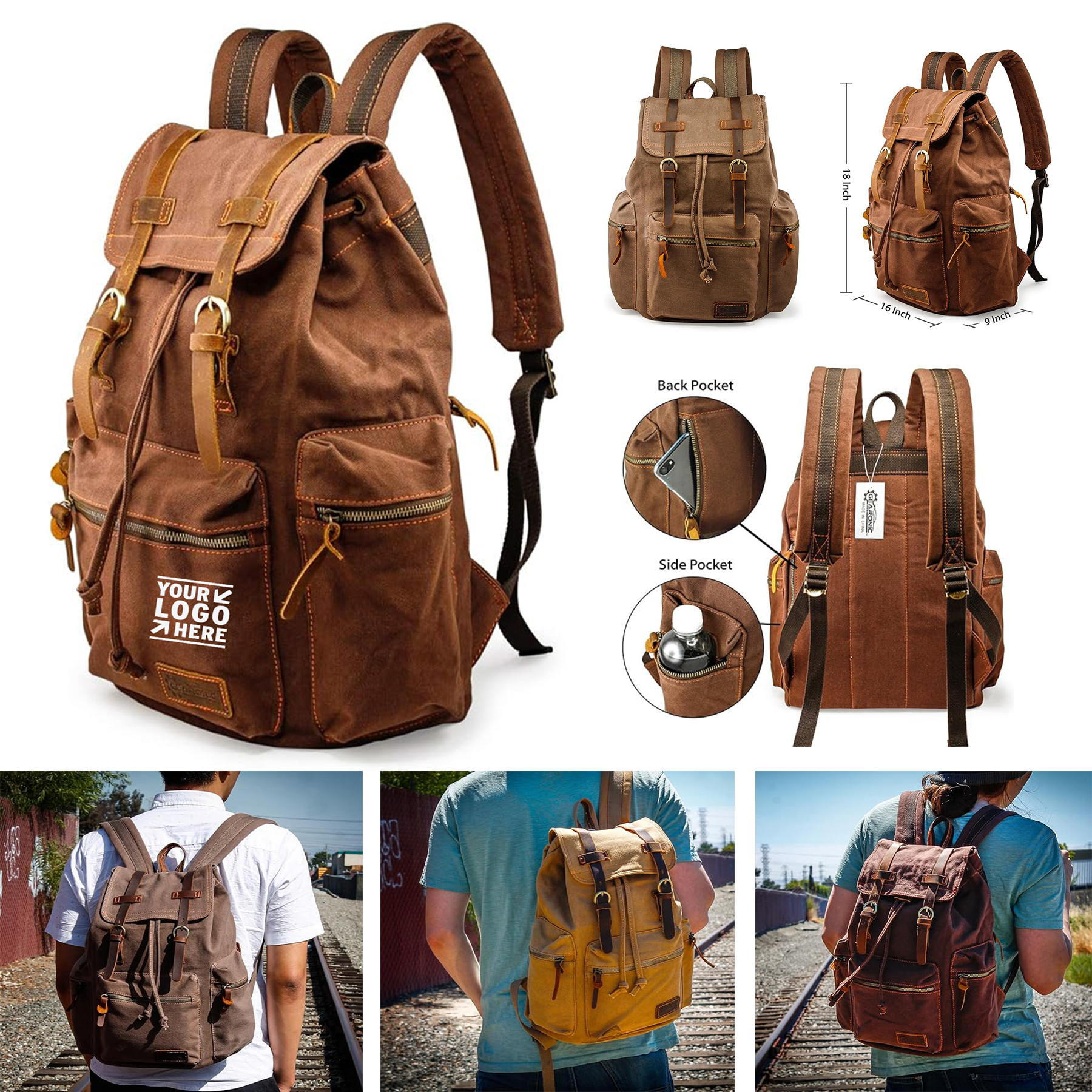 21L 15inch Vintage Canvas Backpack Leather Laptop Tote College Shoulder Hiking Bag 