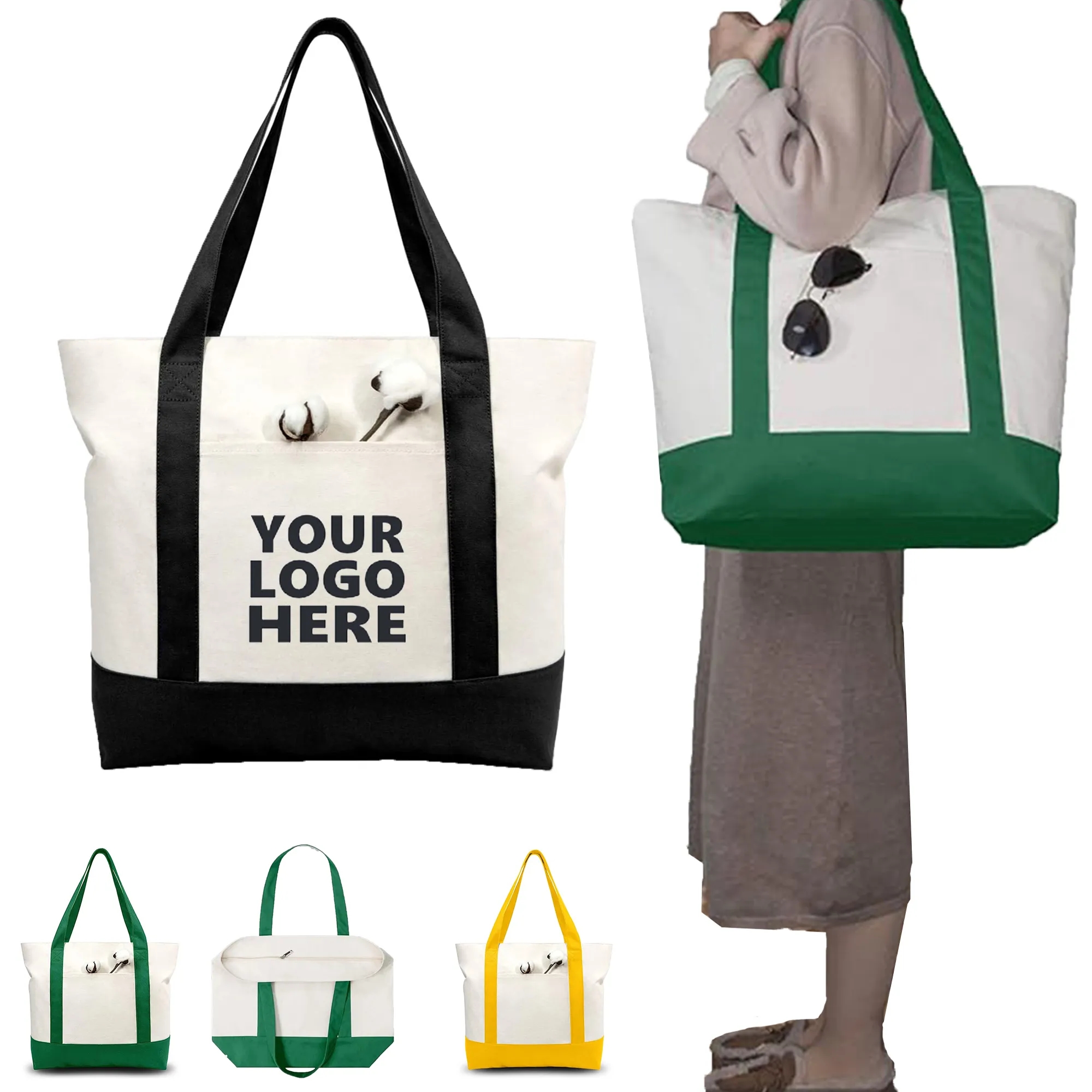 Cotton Tote Bag With Zipper, custom tote bag with logo imprint 1