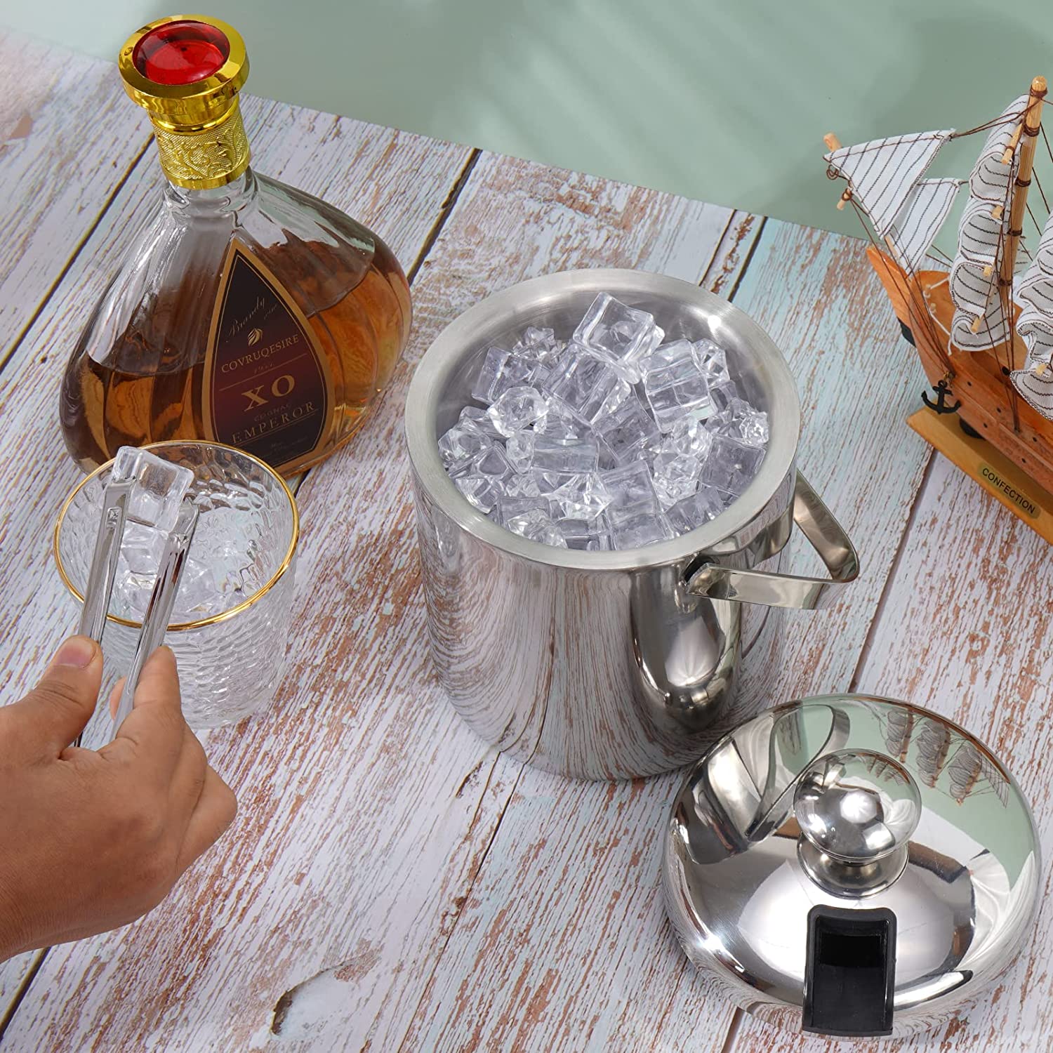 Double Wall Stainless Steel Insulated Ice Bucket with Lid Strainer and Tongs 8