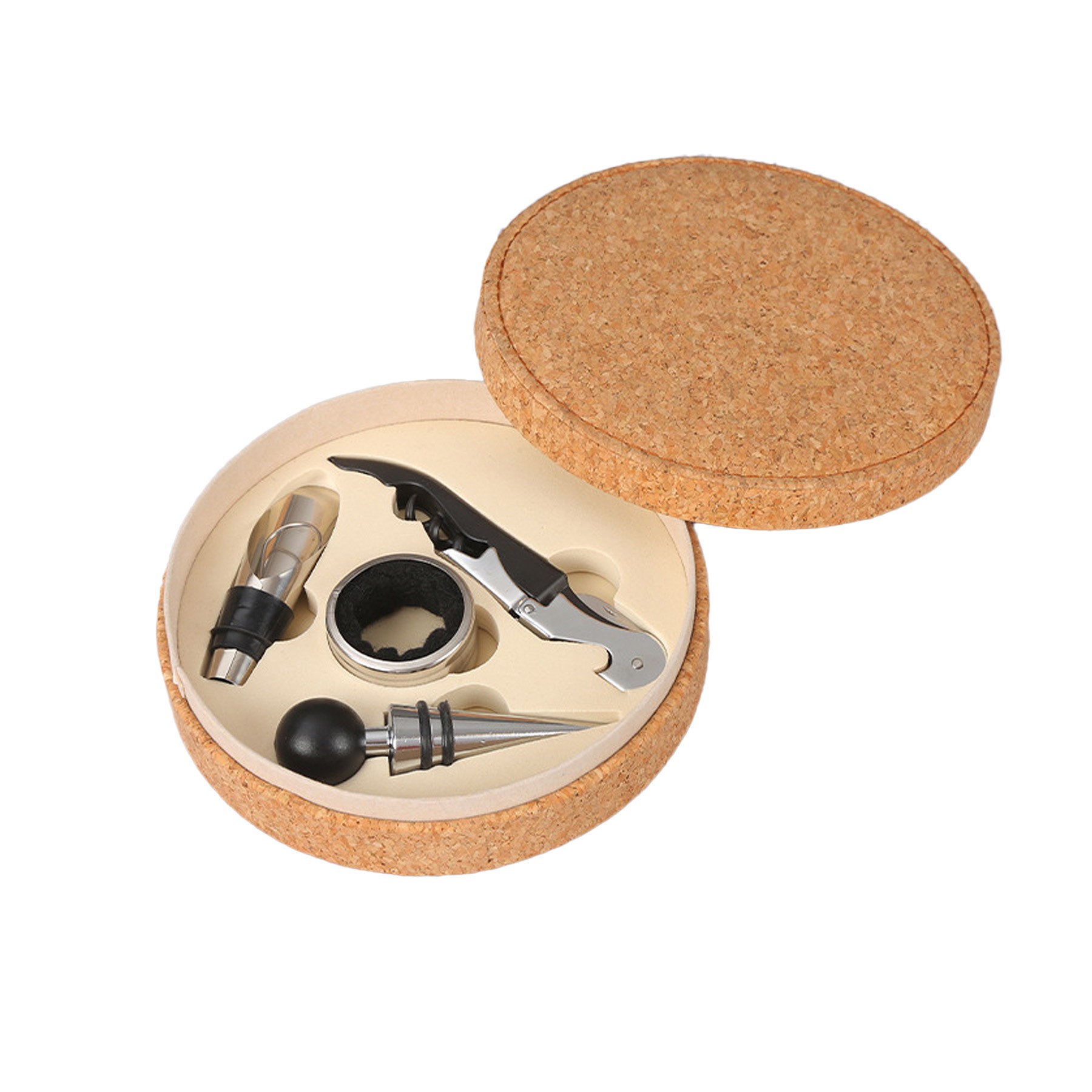 Wood Grain Leather Round Box Red Wine Opener Set