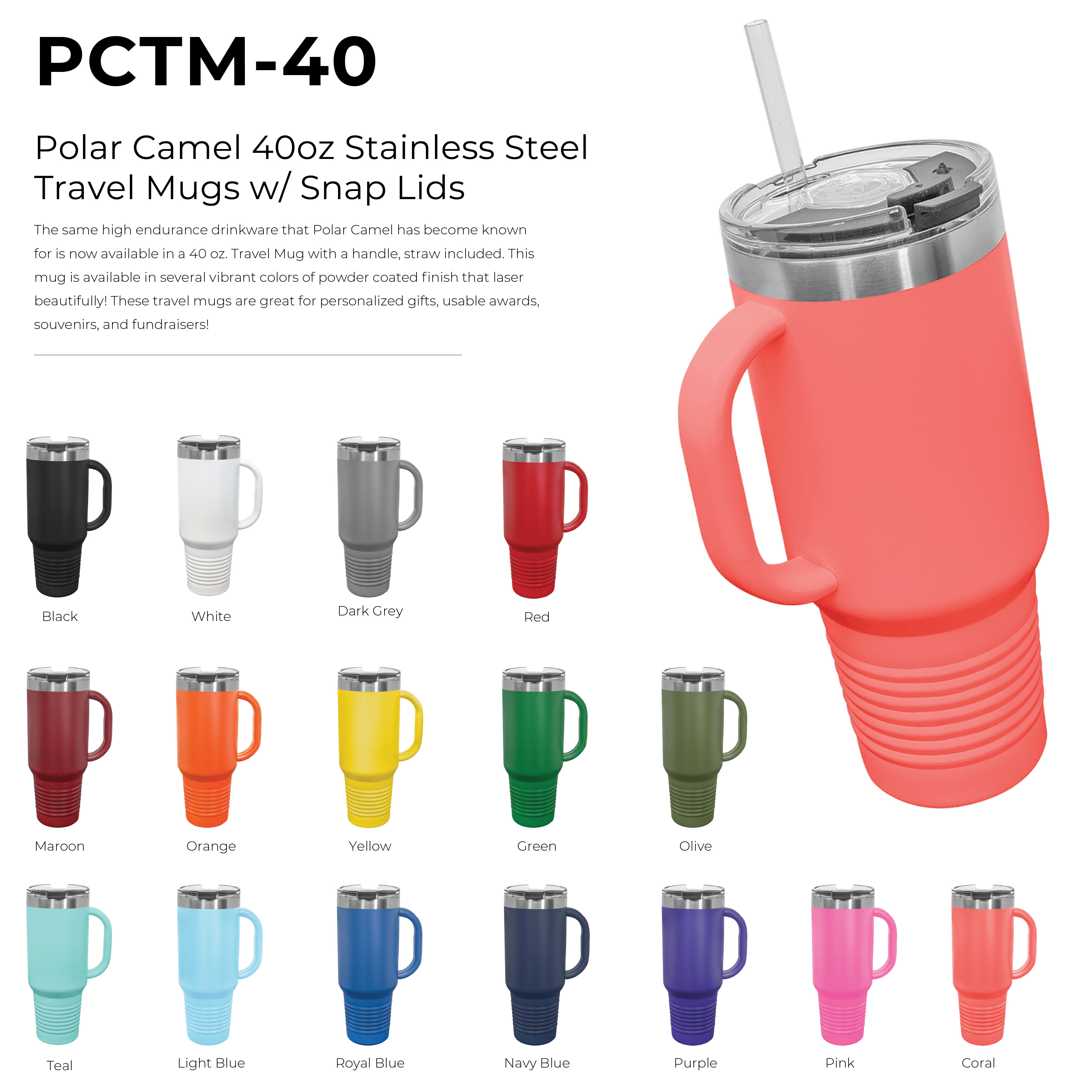 Polar Camel 40oz Stainless Steel Travel Mugs w/ Snap Lids 32