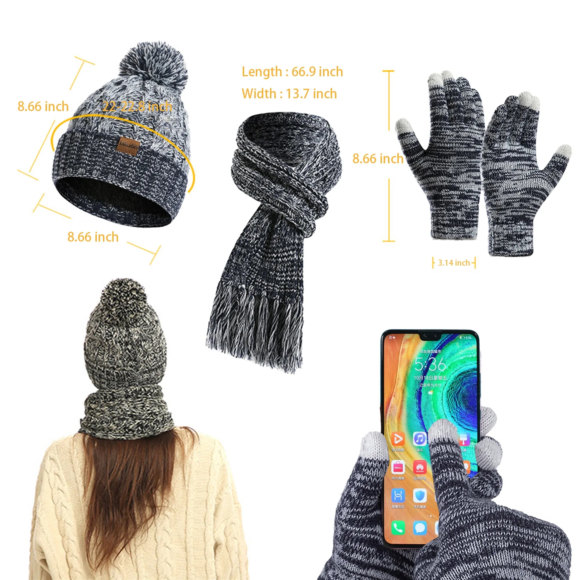 3 Piece Cable Knitted Hat Gloves & Scarf Winter Set 6