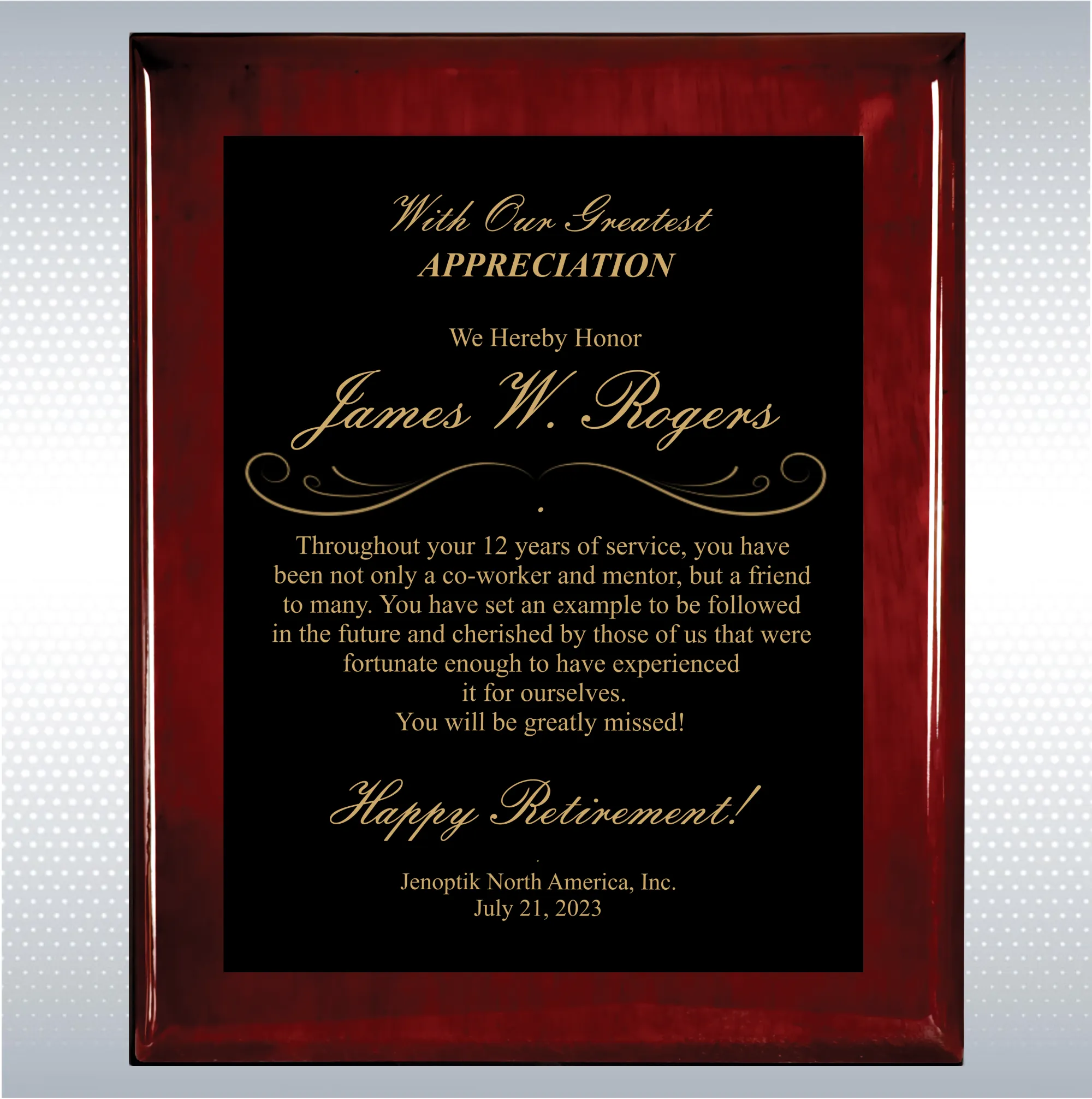 Rosewood Piano Finish Wood Plaque Retirement Gift Award 15