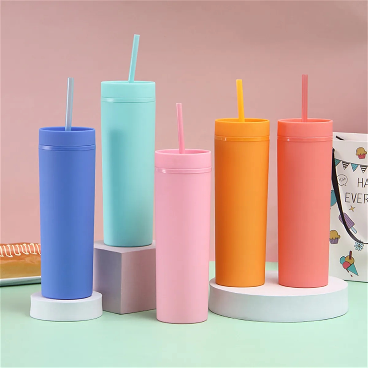 16oz Multicolor Skinny Tumblers with Lids and Straws 5