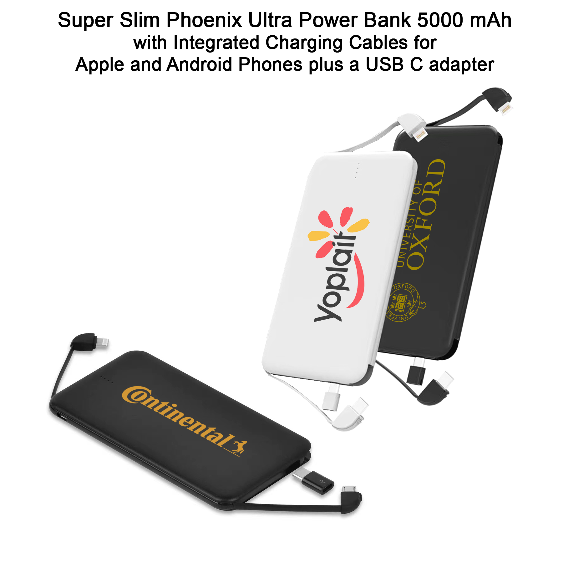 Super Slim Phoenix Ultra Power Bank- 5000 mAh - with integrated Charging Cables
