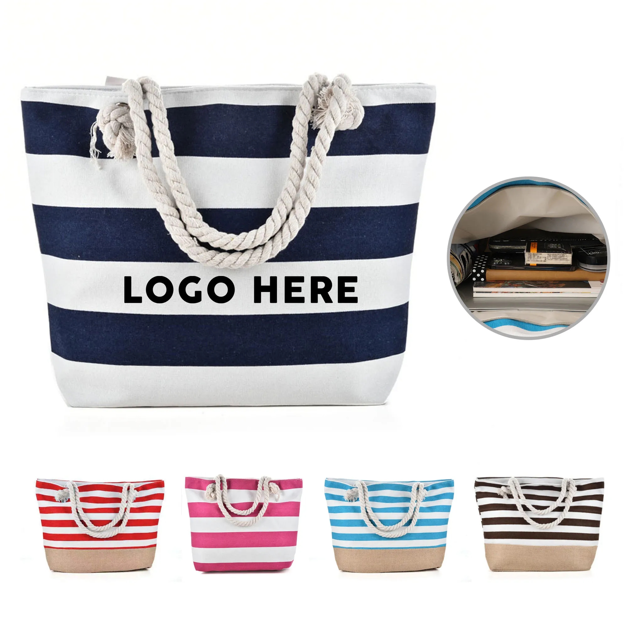 Striped Canvas Tote w/Rope Handle, custom tote bag with logo imprint 3