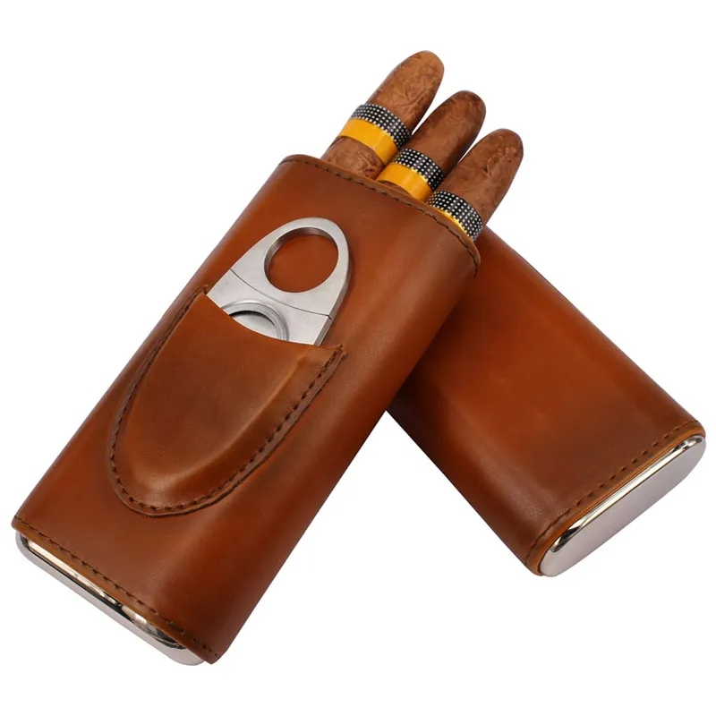 3- Finger Brown Leather Cigar Case with Cutter 4