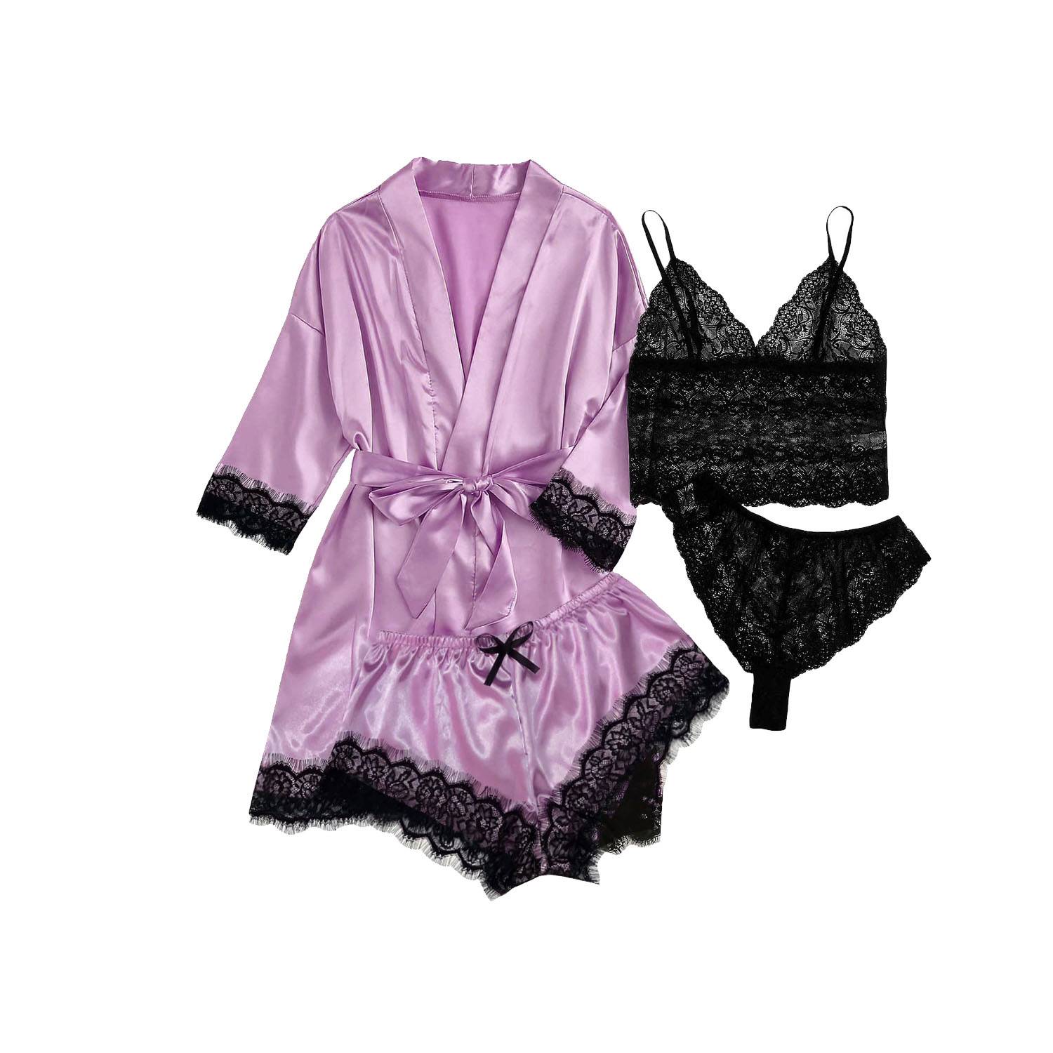 4-Piece Women Silk Soft Lace Satin Pajama Set w/ Robe 8