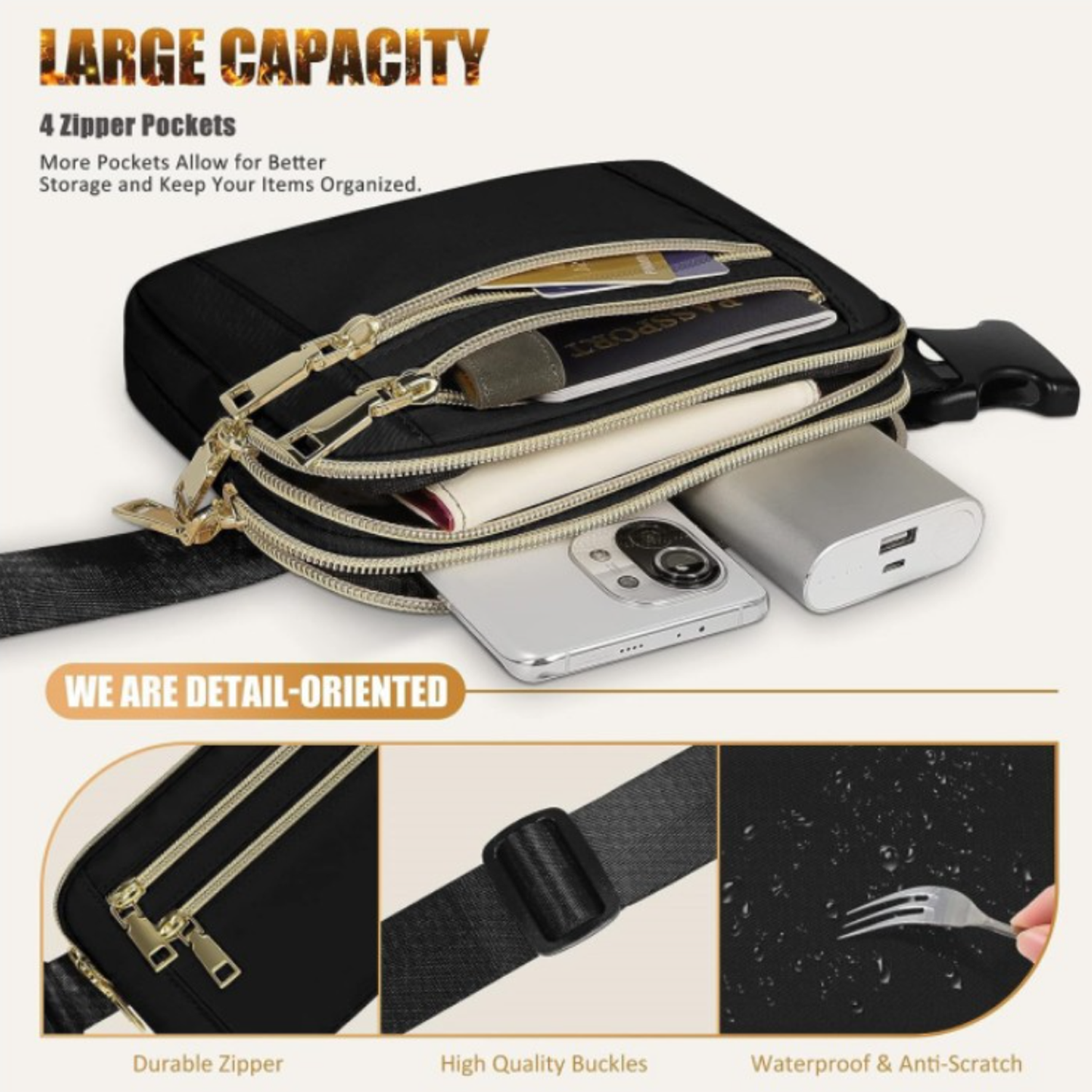 High-Capacity Polyester 4 Pockets Crossbody Fanny Pack 10