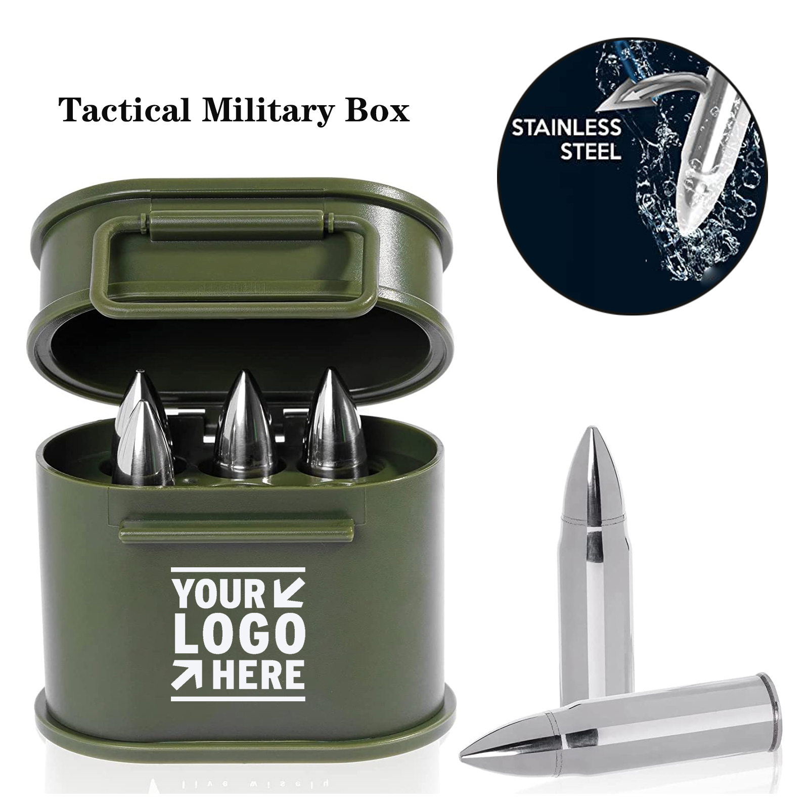 Exclusive Set of 6 Whiskey Ice Cubes Stones in Tactical Military Box