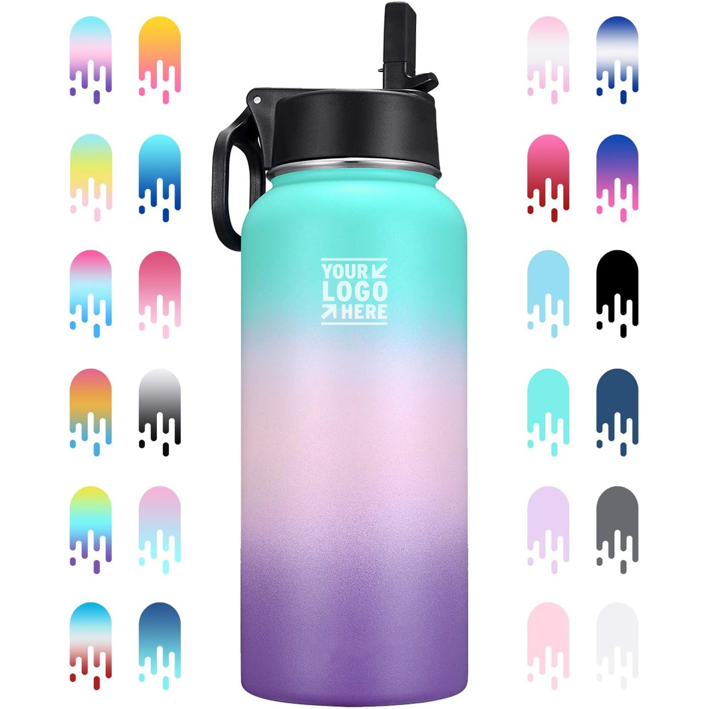 Insulated Water Bottle with New Wide Handle Straw Lid, Wide Mouth Vacuum Insulated 18/8 Stainle 2