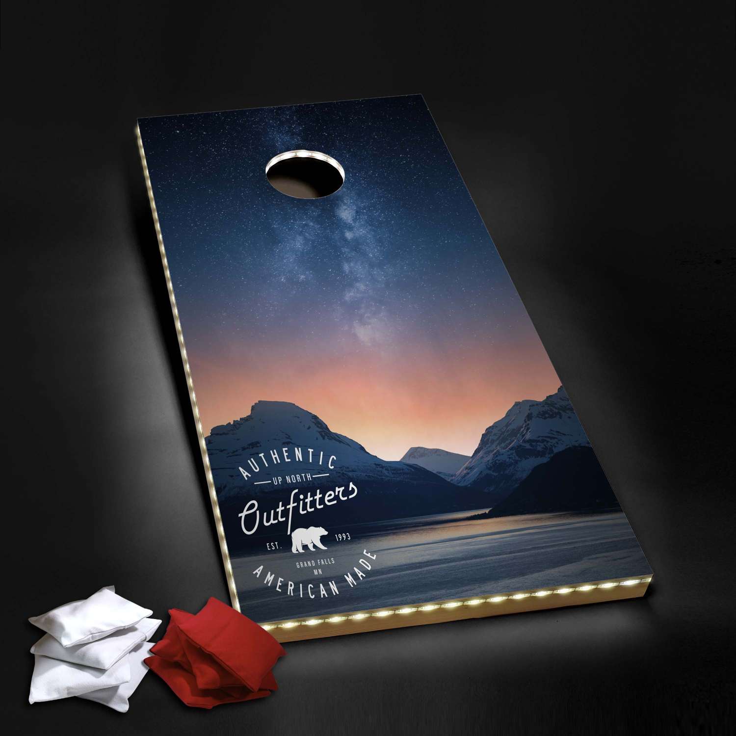 Nighttime Cornhole, 4 Red & White Bean Bags