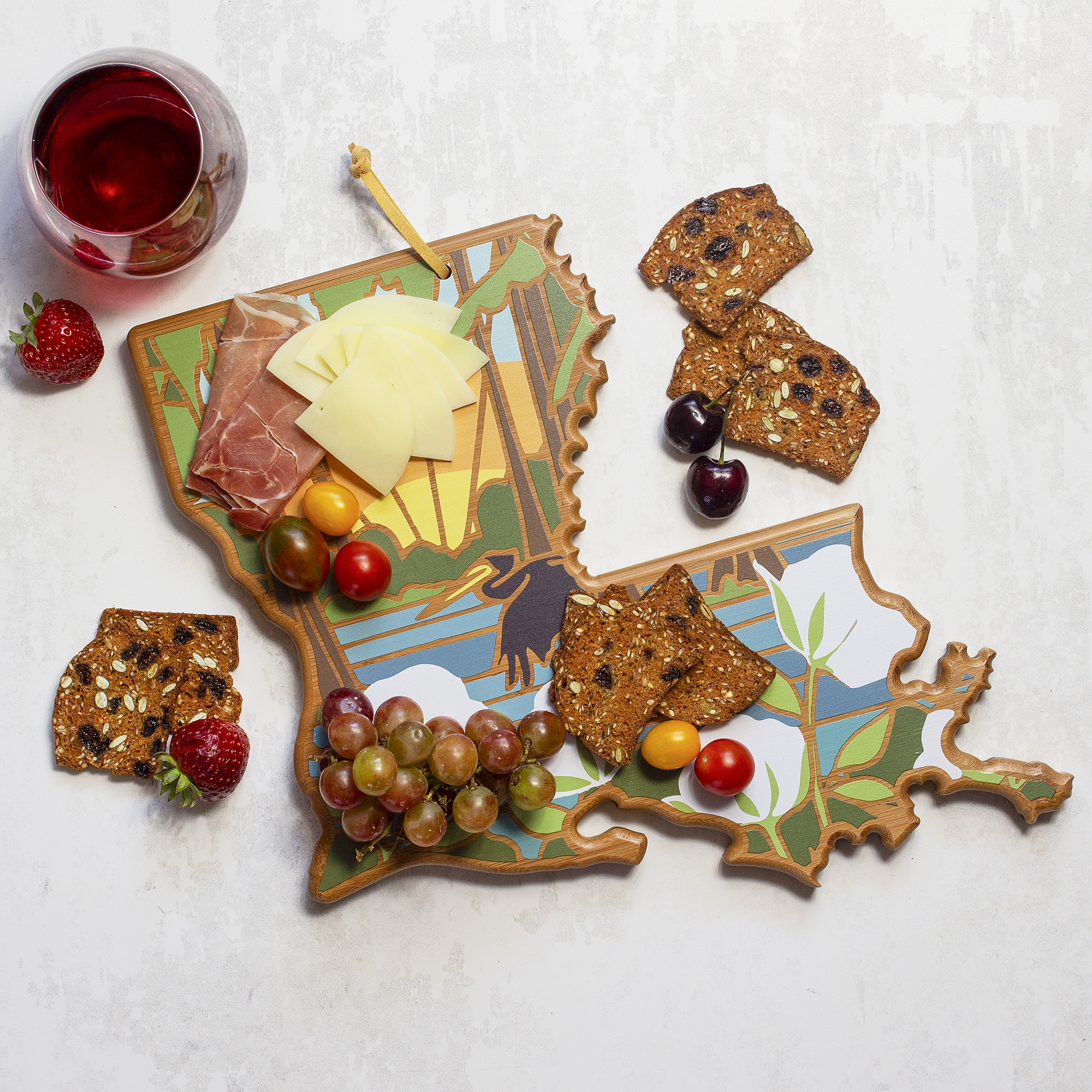 Louisiana State Shaped Serving and Cutting Board with Artwork by Summer Stokes 2