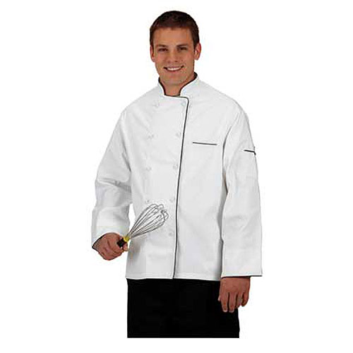 Premium 100% Cotton Chef Coat. 10 covered btns. Reg Length. Color White w blk piping Size - 1