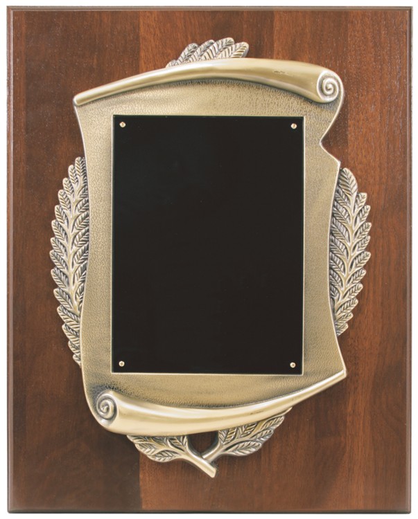 12" x 15" Walnut Step-Edge Plaque with Metal Scroll Frame. 2