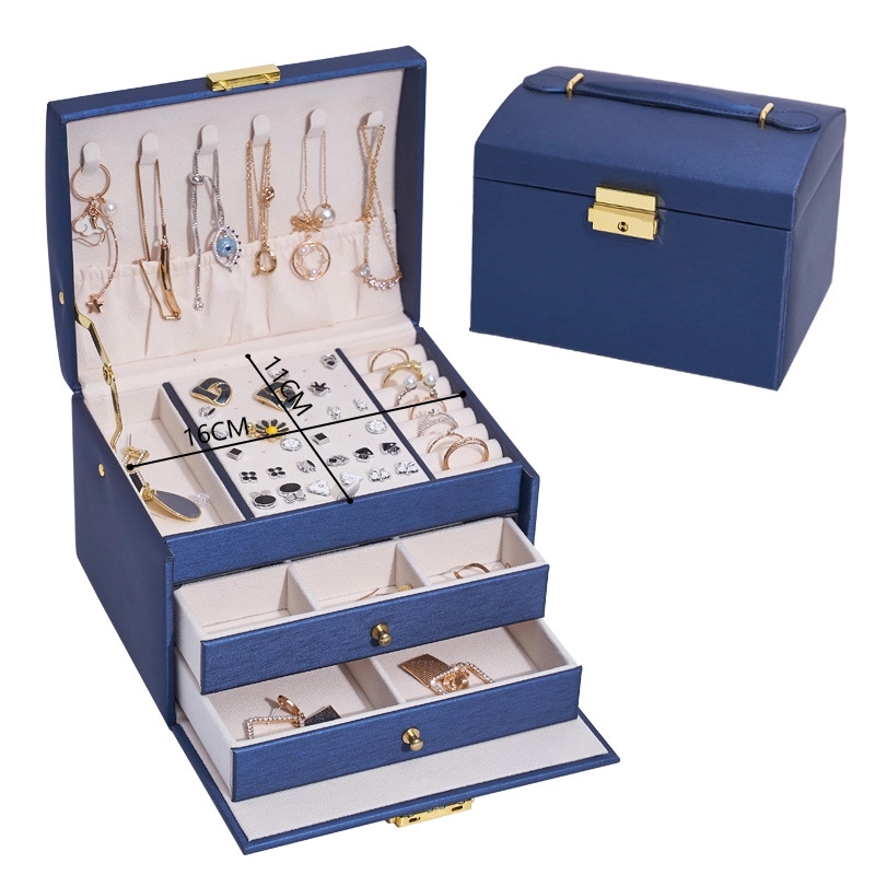 Custom 3-Layer PU Jewelry Organizer Box with Drawer & Handle 17