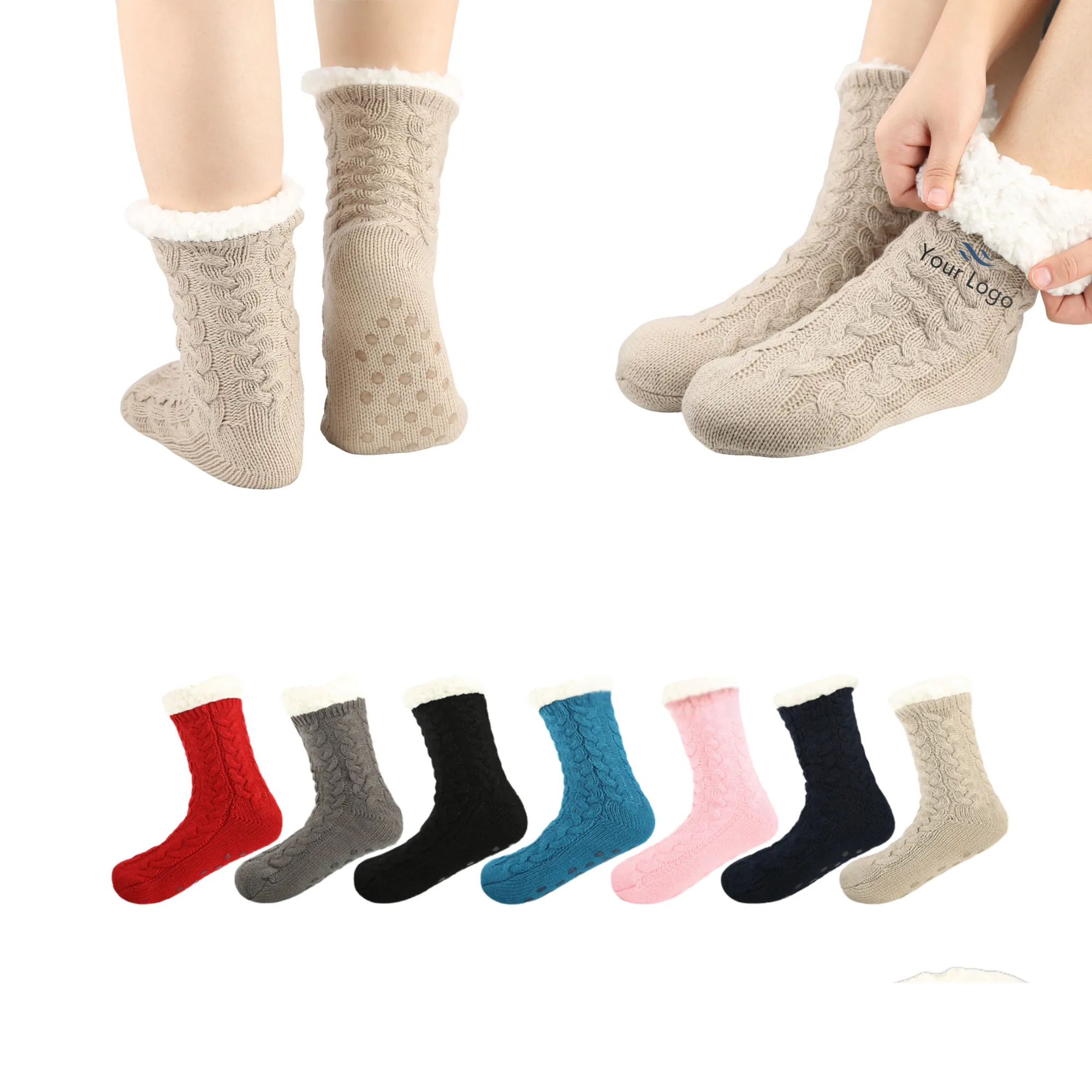 MOQ 50 Pairs Cozy Cable Knit Slipper Socks