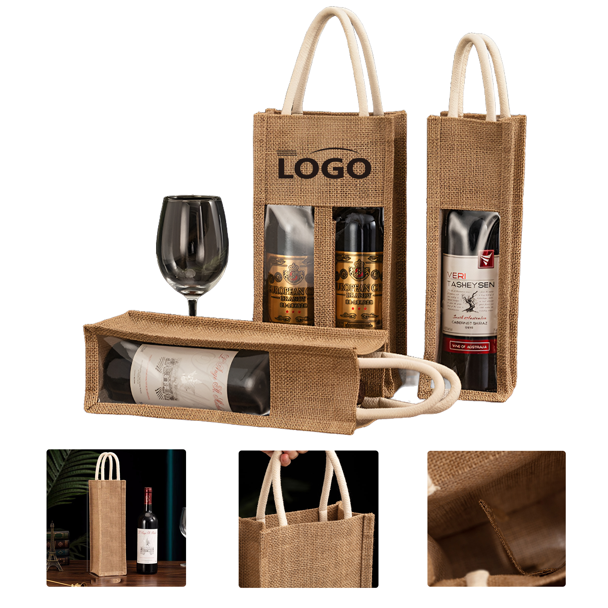 MOQ 50 Custom Wine Gift Bag Linen Bottle Holder Packaging 2
