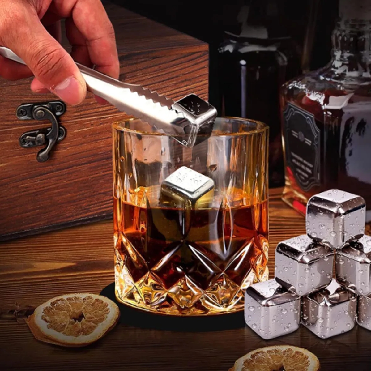 Whiskey Glasses Gift Set Stainless Steel Stones Wood Box 2