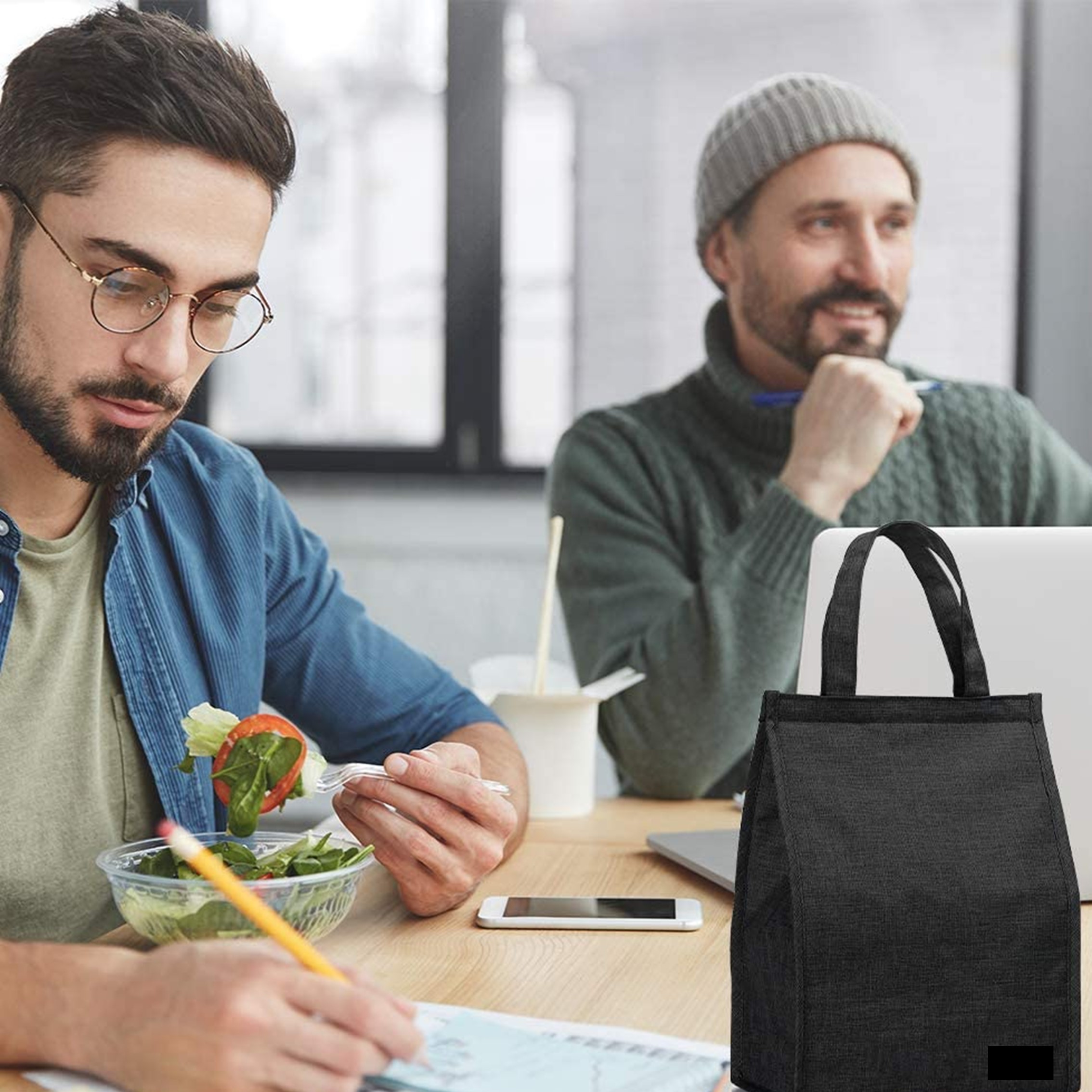 Simple Waterproof Insulated Large Adult Lunch Tote Bag -Black 4