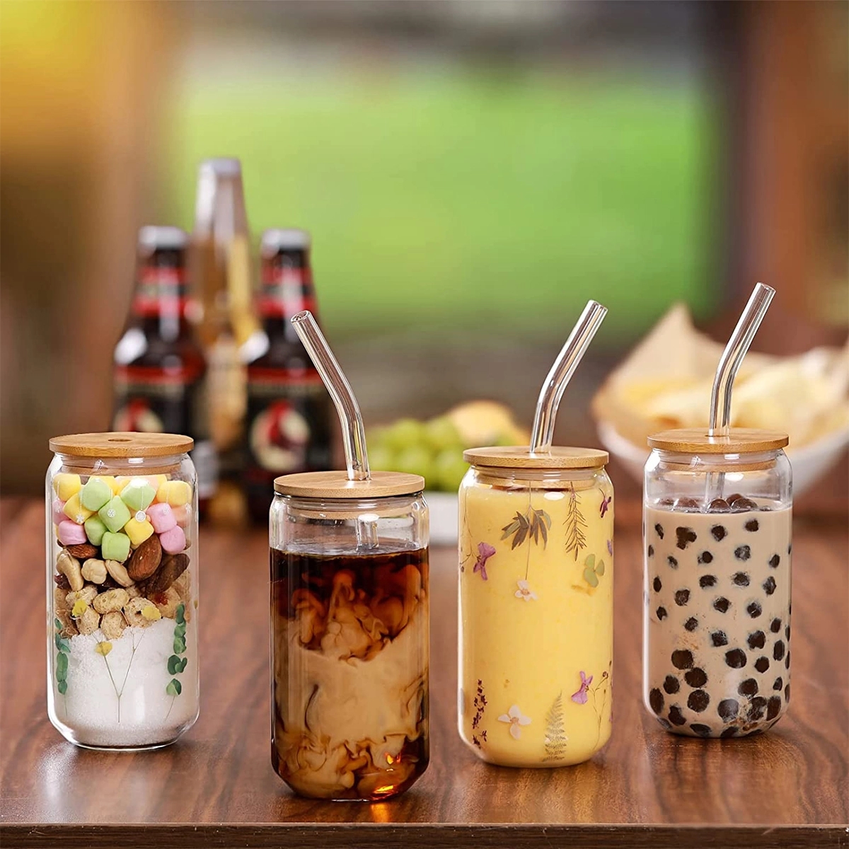 14OZ Drinking Glasses with Glass Straw Can Shaped Glass Cups 5