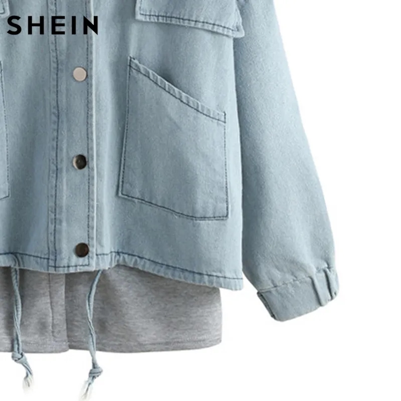 Blue Hooded Denim Two Piece Coat with Drawstring and Pockets 5
