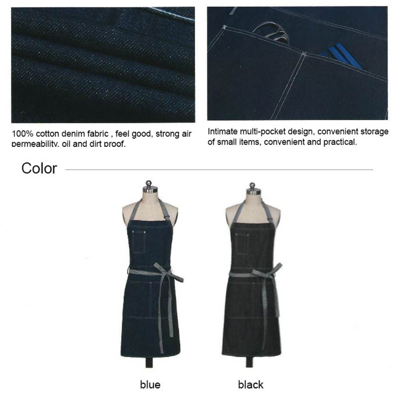 12 oz. 100% Cotton Denim Kitchen Aprons w/ Grey front straps & 3 Pockets 6