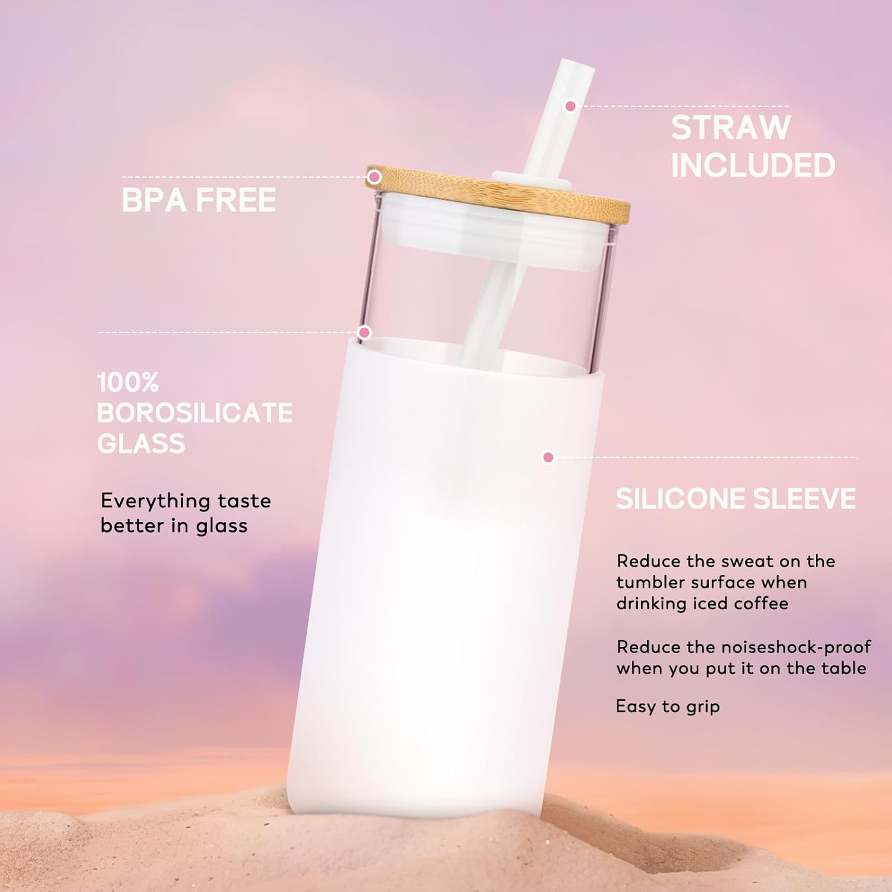17oz Glass Tumbler with Silicone Sleeve, Bamboo Lid, and Straw 1