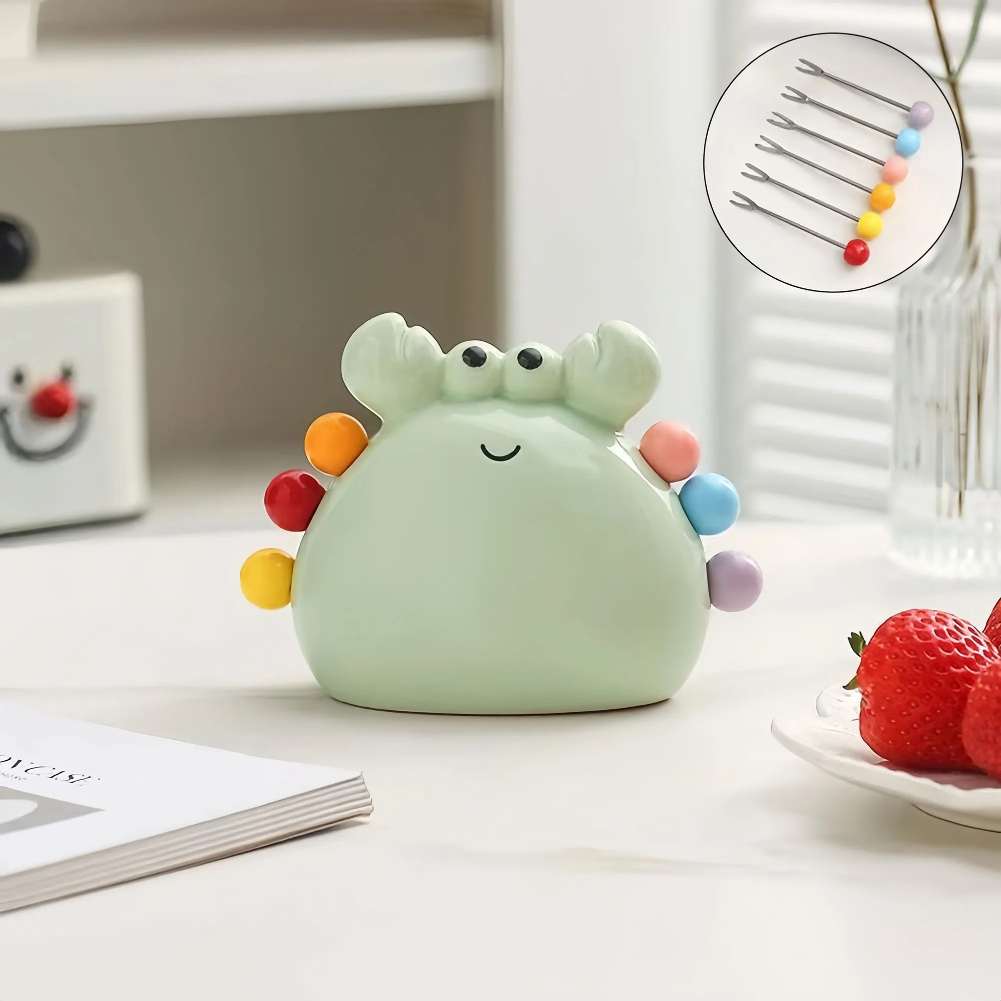 Cute Ceramic Crab Fruit Fork Storage Set For Home 2