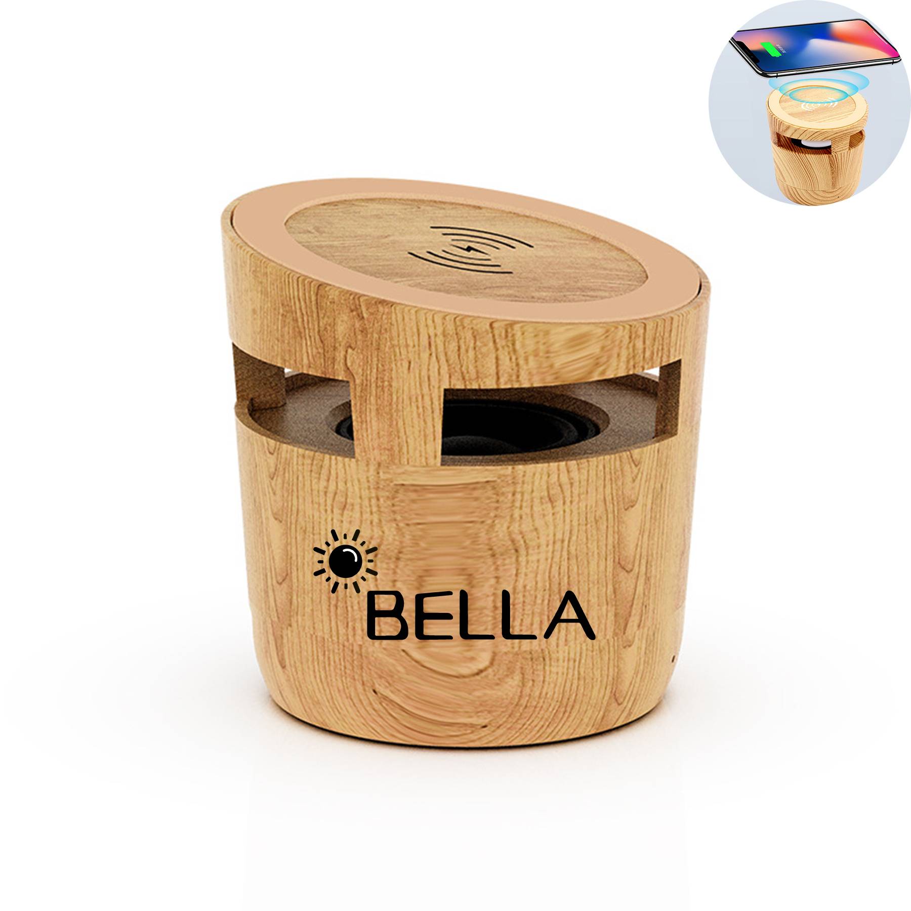 Wood Bluetooth speaker with wireless charger and phone stand