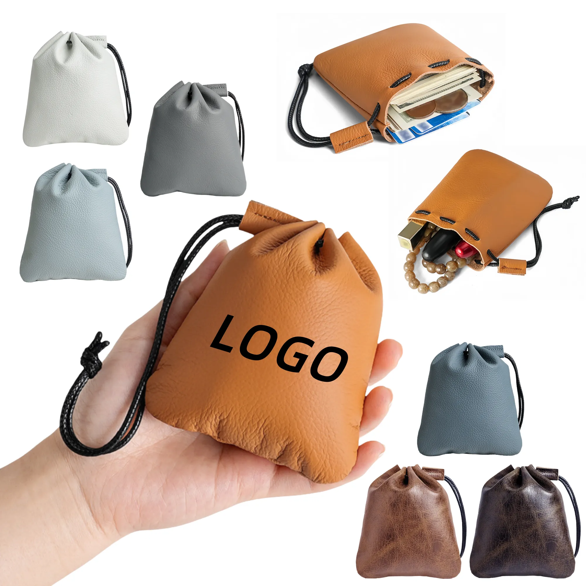Genuine Leather Coin Purse Drawstring Storage Bag 5