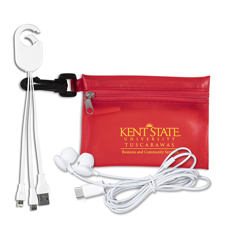 "Cambell" Mobile Tech Earbud and Charging Cables Kit In Translucent Carabiner Zipper Pouch 3