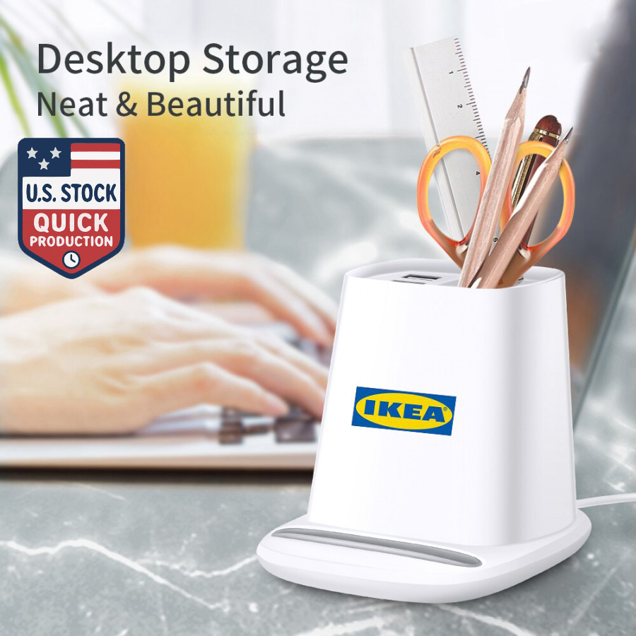 5W Wireless Charger Pen Holder With Dual USB Charging Ports 5